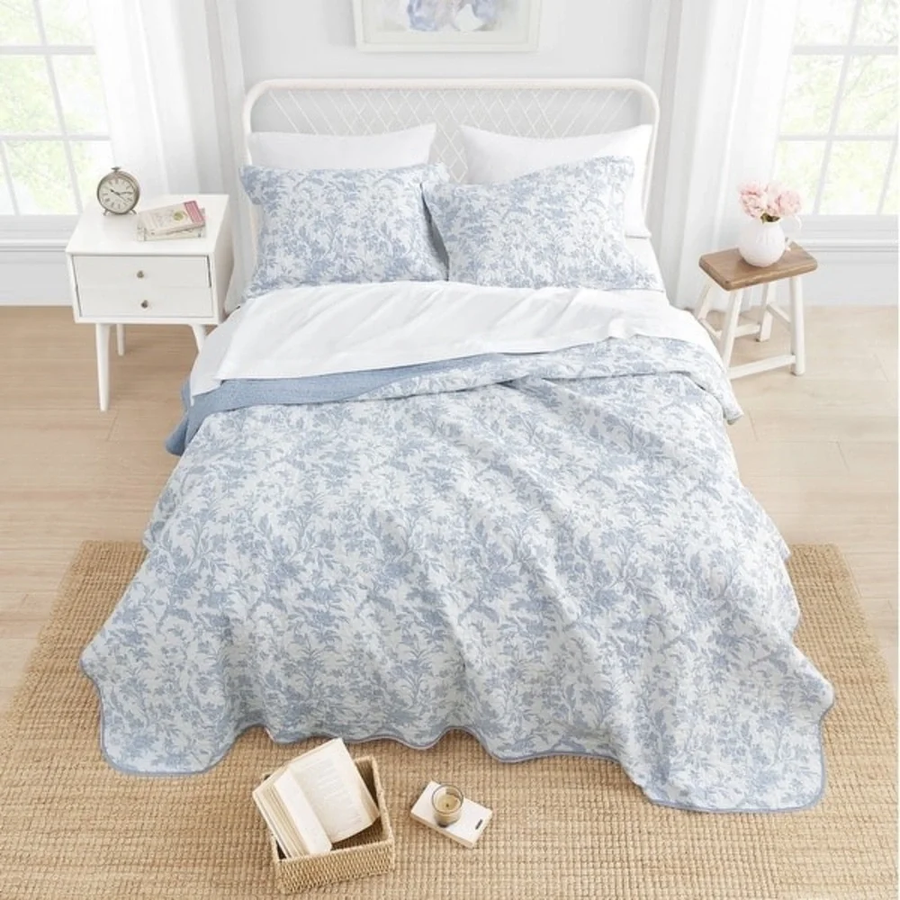 Laura Ashley Amberley Blue King Quilt Bonus Set Cotton Floral Cottage Bedding